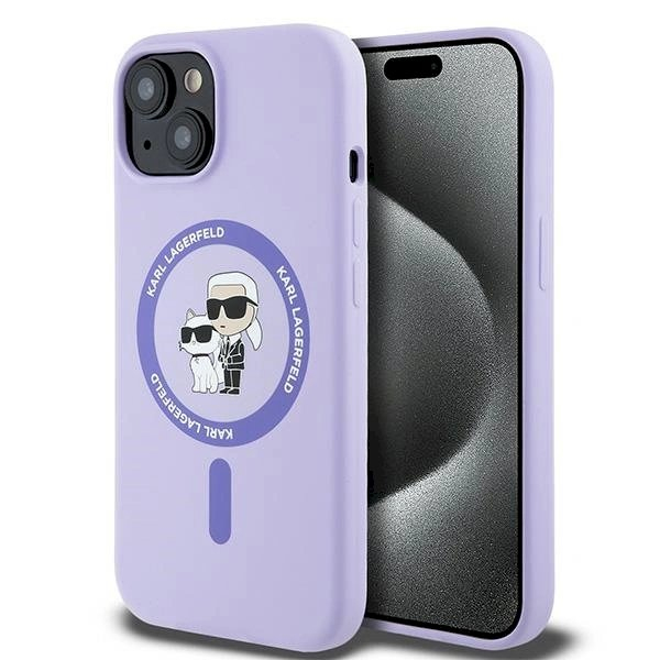 Karl Lagerfeld Silicone Karl&Choupette Heads Ring MagSafe iPhone 15 Case - violetinis Karl Lagerfeld Silicone Karl&Choupette Heads Ring MagSafe iPhone 15 Case - violetinis