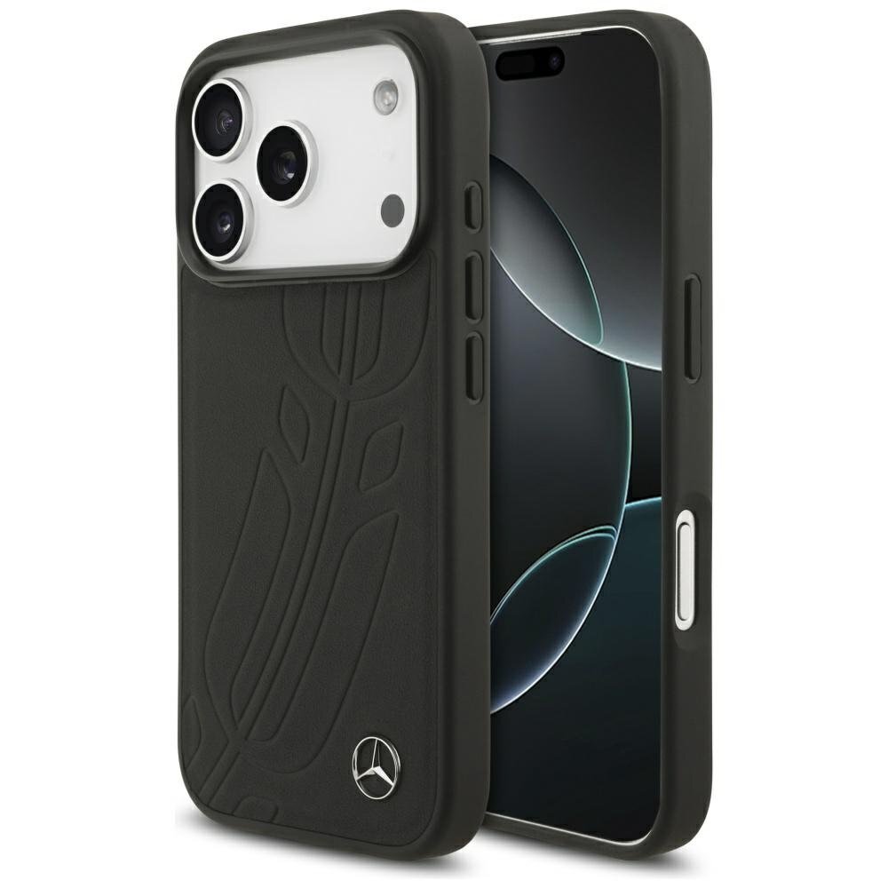 iPhone 17 Pro dėklas Mercedes Leather Large Laurel Leave, MagSafe – juodas iPhone 17 Pro dėklas Mercedes Leather Large Laurel Leave, MagSafe – juodas