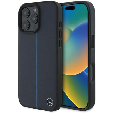 Dėklas Mercedes MB Mėlynas Line Leather MagSafe  iPhone 16 Pro Max - Mėlynas Dėklas Mercedes MB Mėlynas Line Leather MagSafe  iPhone 16 Pro Max - Mėlynas