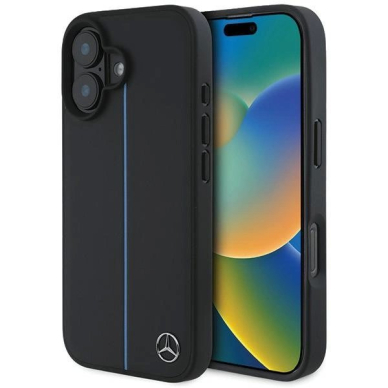 Dėklas Mercedes MB Mėlynas Line Leather MagSafe iPhone 16 - Juodas Dėklas Mercedes MB Mėlynas Line Leather MagSafe iPhone 16 - Juodas