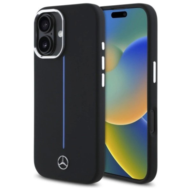 Dėklas Mercedes Silicone Mėlynas Stripe MagSafe iPhone 16 - Juodas Dėklas Mercedes Silicone Mėlynas Stripe MagSafe iPhone 16 - Juodas