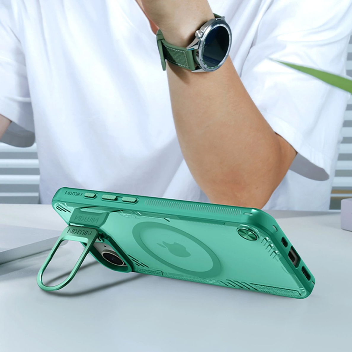 iPhone 16e Nillkin Iceblade Prop Magnetic dėklas su stovu - žalias 11