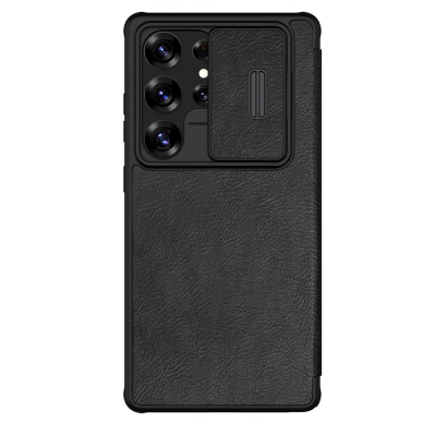 Nillkin Qin Pro dėklas Samsung Galaxy S25 Ultra su atverčiamu dangteliu ir kameros apsauga - juodas