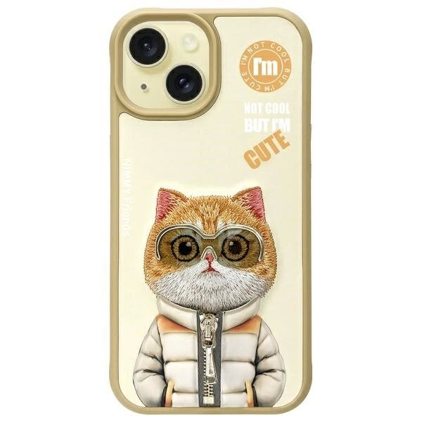 iPhone 15 Nimmy Cool & Cute 2.0 Cat dėklas – smėlio spalvos
