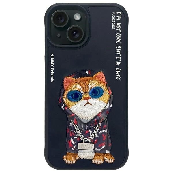 iPhone 15 Nimmy Glasses Cool Cat dėklas – juodas