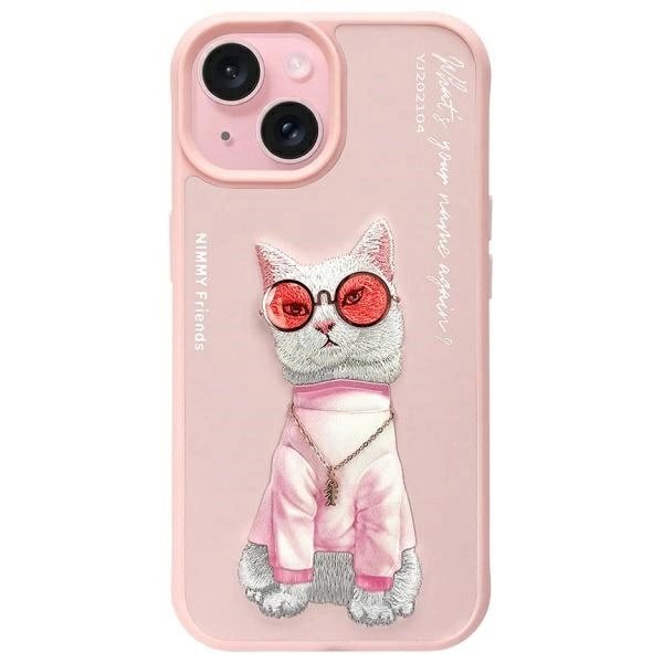iPhone 15 Nimmy Glasses Cool Cat dėklas – rožinis