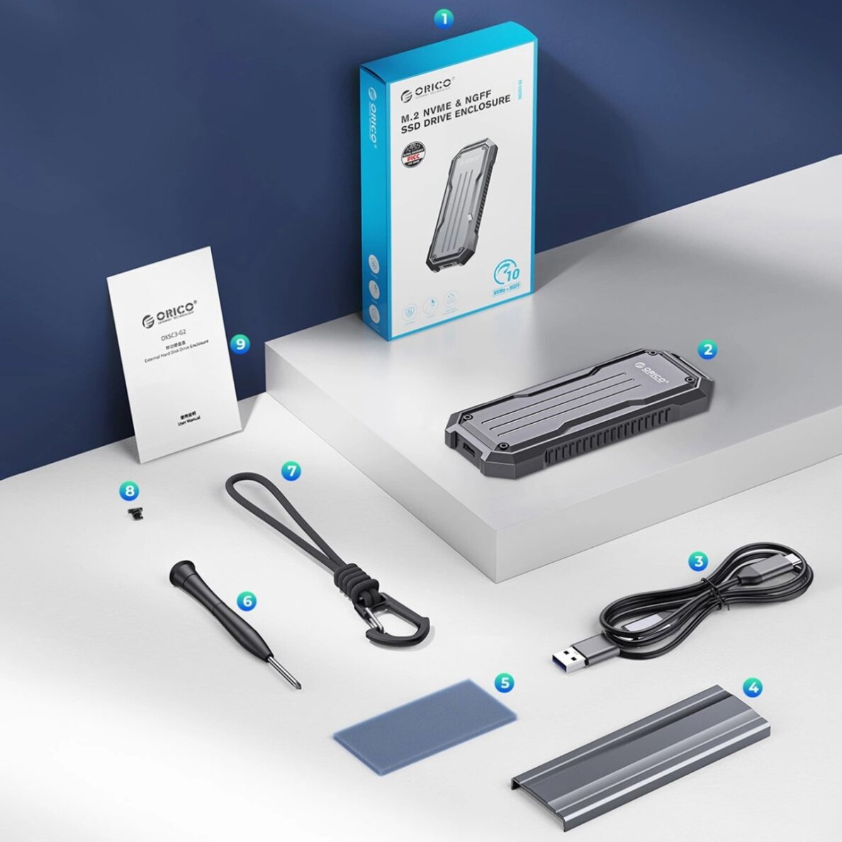 Diskų korpusas Orico OXS2C3-G2 M.2 NVMe/SATA SSD USB-C 3.2 sutvirtintas – pilkas 3