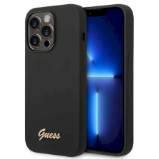 Originalus dėklas Guess GUHCP14LSLSMK iPhone 14 Pro 6.1 Juodas Kietas Dėklas Silikoninis Vintage GOLD LOGO