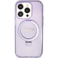Originalus Guess dėklas Ring Stand Script Glitter MagSafe case for iPhone 11 / Xr - Violetinis