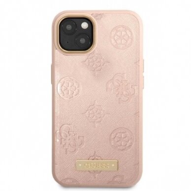 Originalus dėklas Guess GUHMP13MSAPSTP iPhone 13 6.1  rožinis/rožinis hardcase Peony Logo Plate MagSafe 2