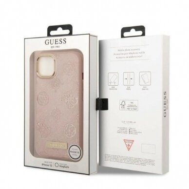 Originalus dėklas Guess GUHMP13MSAPSTP iPhone 13 6.1  rožinis/rožinis hardcase Peony Logo Plate MagSafe 7