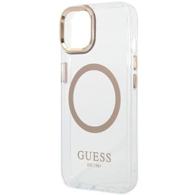 Originalus dėklas Guess GUHMP14MHTRMD iPhone 14 Plus 6.7 auksinis hard case Metal Outline Magsafe 5