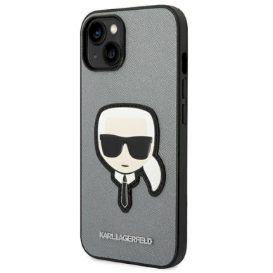 Originalus dėklas Karl Lagerfeld KLHCP14SSAPKHG iPhone 14 6,1" Sidabrinis hardcase Saffiano Karl's Head Patch 1