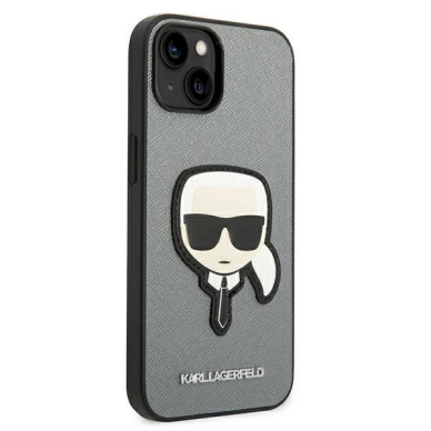 Originalus dėklas Karl Lagerfeld KLHCP14SSAPKHG iPhone 14 6,1" Sidabrinis hardcase Saffiano Karl's Head Patch 3 Originalus dėklas Karl Lagerfeld KLHCP14SSAPKHG iPhone 14 6,1" Sidabrinis hardcase Saffiano Karl's Head Patch 3