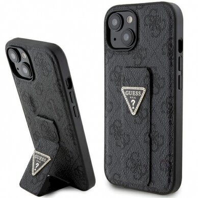 Originalus Guess dėklas Grip Stand 4G Triangle Strass case for iPhone 15 - Juodas Originalus Guess dėklas Grip Stand 4G Triangle Strass case for iPhone 15 - Juodas
