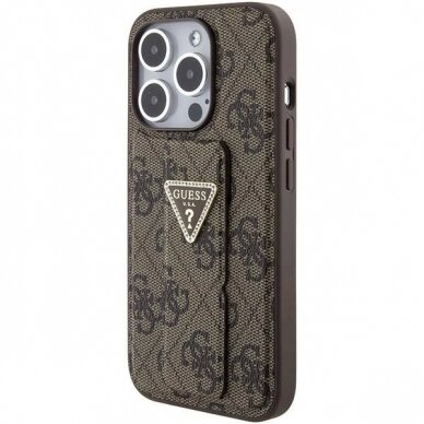 Originalus Guess dėklas Grip Stand 4G Triangle Strass case for iPhone 15 Pro Max - Rudas 2