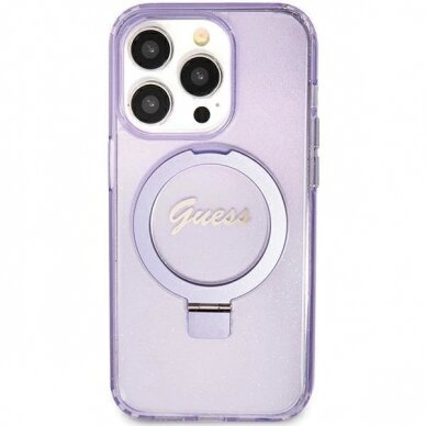 Originalus Guess dėklas Ring Stand Script Glitter MagSafe case for iPhone 11 / Xr - Violetinis