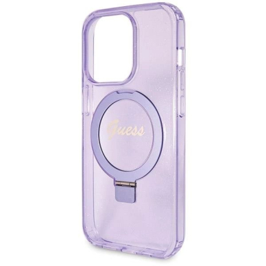 Originalus Guess dėklas Ring Stand Script Glitter MagSafe case for iPhone 14 Pro - Violetinis 5