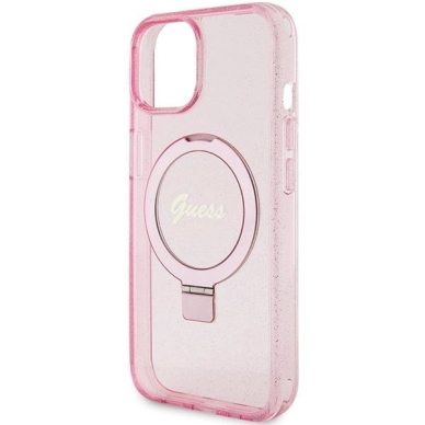 Originalus Guess dėklas Ring Stand Script Glitter MagSafe case for iPhone 15 Plus / 14 Plus - Rožinis 5
