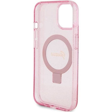 Originalus Guess dėklas Ring Stand Script Glitter MagSafe case for iPhone 15 Plus / 14 Plus - Rožinis 6