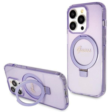 Originalus Guess dėklas Ring Stand Script Glitter MagSafe case for iPhone 15 Pro Max - Violetinis Originalus Guess dėklas Ring Stand Script Glitter MagSafe case for iPhone 15 Pro Max - Violetinis