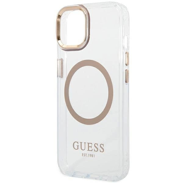 Originalus dėklas Guess GUHMP14MHTRMD iPhone 14 Plus 6.7 auksinis hard case Metal Outline Magsafe 5