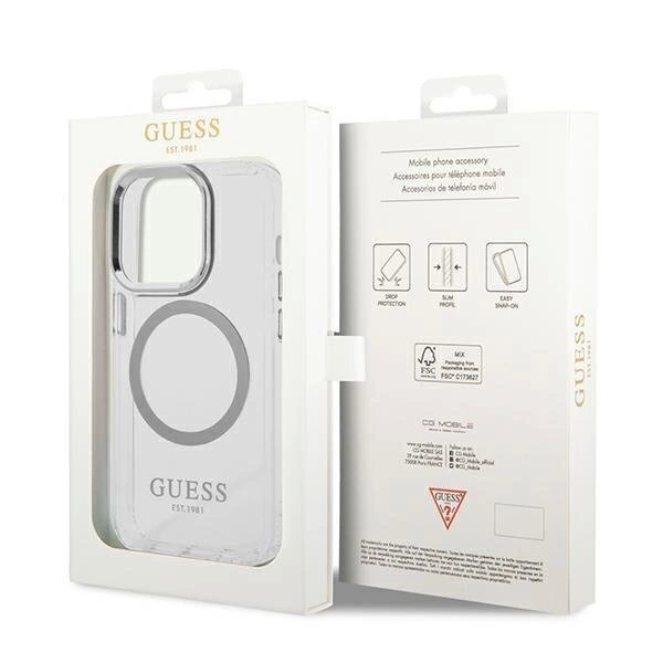 Originalus dėklas Guess GUHMP14XHTRMS iPhone 14 Pro Max 6.7  sidabrinis hard case Metal Outline Magsafe 7