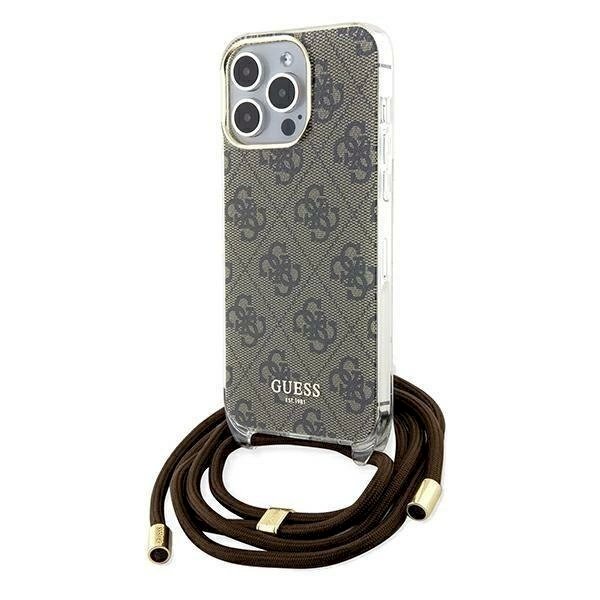 Originalus Guess dėklas Crossbody Cord 4G Print case for iPhone 15 Pro Max - Rudas
