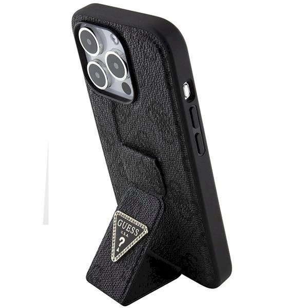 Originalus Guess dėklas Grip Stand 4G Triangle Strass case for iPhone 15 Pro Max - Juodas 1