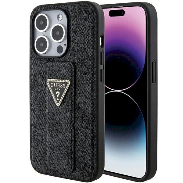 Originalus Guess dėklas Grip Stand 4G Triangle Strass case for iPhone 15 Pro Max - Juodas Originalus Guess dėklas Grip Stand 4G Triangle Strass case for iPhone 15 Pro Max - Juodas