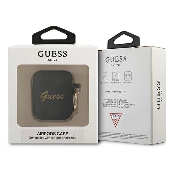 Originalus Guess dėklas GUA2SSSK AirPods cover Juodas/Juodas Silikoninis Vintage Script 2 Originalus Guess dėklas GUA2SSSK AirPods cover Juodas/Juodas Silikoninis Vintage Script 2