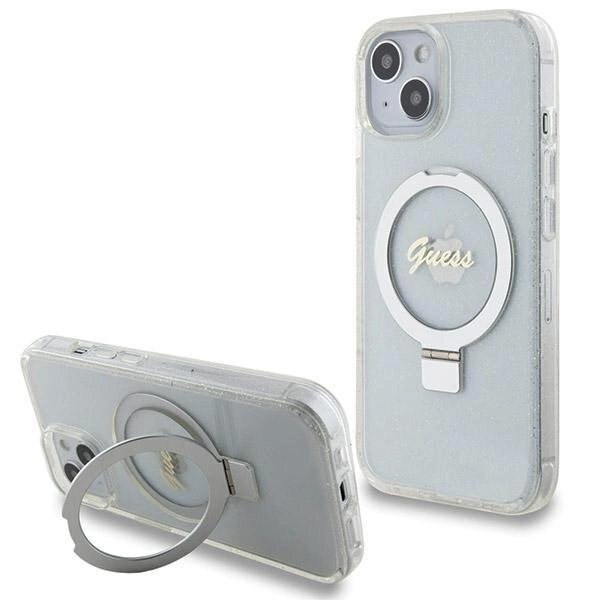 Originalus Guess dėklas Ring Stand Script Glitter MagSafe case for iPhone 15 / 14 / 13 - Permatomas Originalus Guess dėklas Ring Stand Script Glitter MagSafe case for iPhone 15 / 14 / 13 - Permatomas