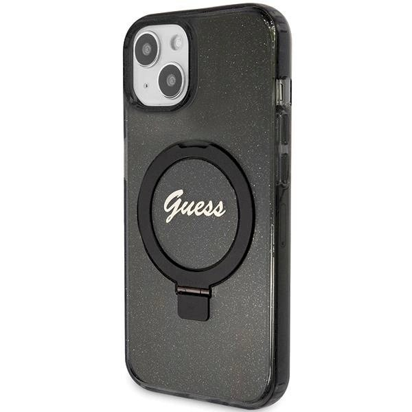 Originalus Guess dėklas Ring Stand Script Glitter MagSafe case for iPhone 15 - Juodas 1 Originalus Guess dėklas Ring Stand Script Glitter MagSafe case for iPhone 15 - Juodas 1