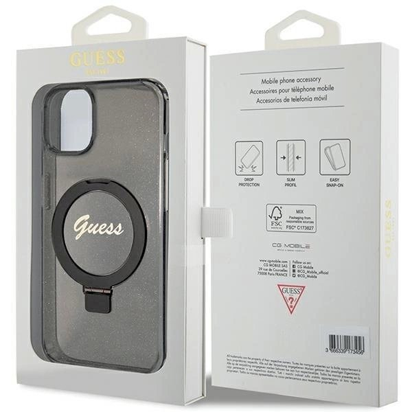 Originalus Guess dėklas Ring Stand Script Glitter MagSafe case for iPhone 15 - Juodas 7 Originalus Guess dėklas Ring Stand Script Glitter MagSafe case for iPhone 15 - Juodas 7