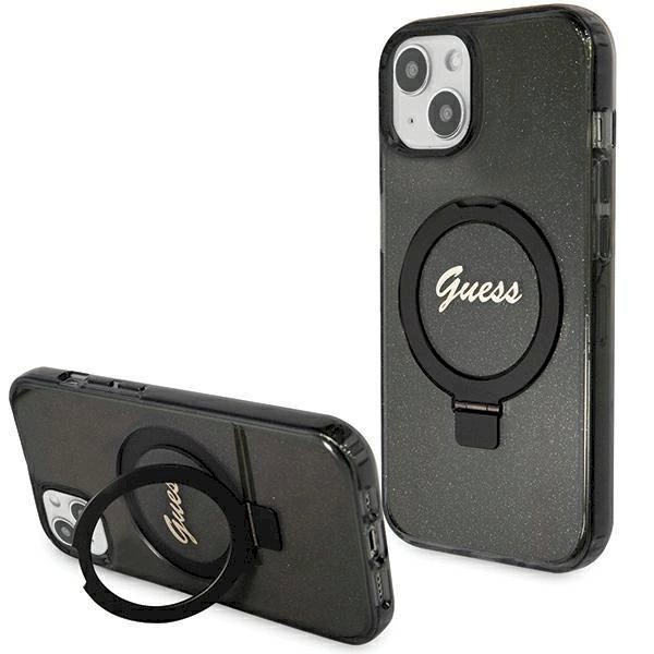 Originalus Guess dėklas Ring Stand Script Glitter MagSafe case for iPhone 15 - Juodas Originalus Guess dėklas Ring Stand Script Glitter MagSafe case for iPhone 15 - Juodas