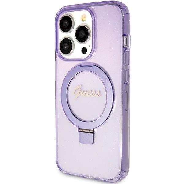 Originalus Guess dėklas Ring Stand Script Glitter MagSafe case for iPhone 15 Pro Max - Violetinis 1