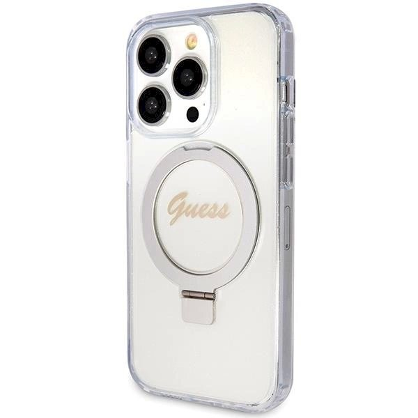 Originalus Guess dėklas Ring Stand Script Glitter MagSafe case for iPhone 15 Pro - Permatomas 1 Originalus Guess dėklas Ring Stand Script Glitter MagSafe case for iPhone 15 Pro - Permatomas 1
