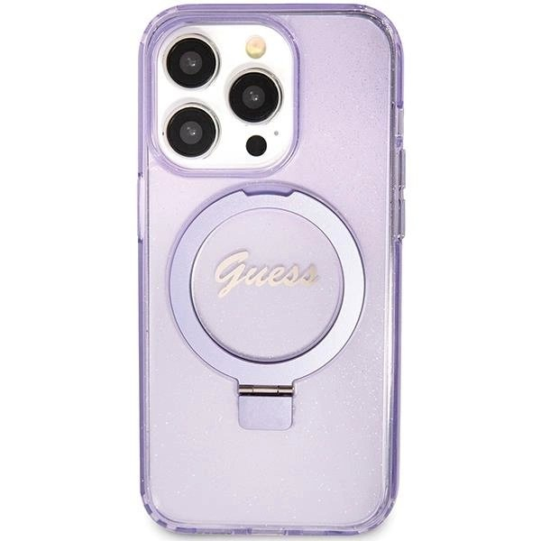 Originalus Guess dėklas Ring Stand Script Glitter MagSafe case for iPhone 15 Pro - Violetinis Originalus Guess dėklas Ring Stand Script Glitter MagSafe case for iPhone 15 Pro - Violetinis