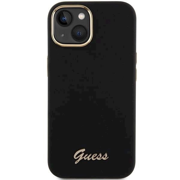 Originalus Guess dėklas Silicone Script Metal Logo & Frame case for iPhone 15 - Juodas 2 Originalus Guess dėklas Silicone Script Metal Logo & Frame case for iPhone 15 - Juodas 2