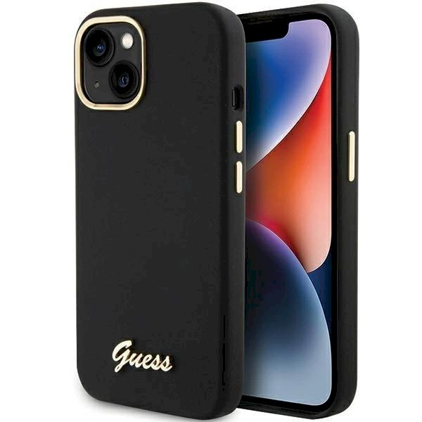Originalus Guess dėklas Silicone Script Metal Logo & Frame case for iPhone 15 - Juodas Originalus Guess dėklas Silicone Script Metal Logo & Frame case for iPhone 15 - Juodas