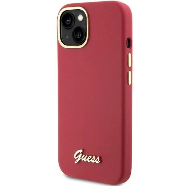 Originalus Guess dėklas Silicone Script Metal Logo & Frame case for iPhone 15 - Raudonas 1 Originalus Guess dėklas Silicone Script Metal Logo & Frame case for iPhone 15 - Raudonas 1