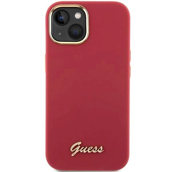 Originalus Guess dėklas Silicone Script Metal Logo & Frame case for iPhone 15 - Raudonas 2 Originalus Guess dėklas Silicone Script Metal Logo & Frame case for iPhone 15 - Raudonas 2