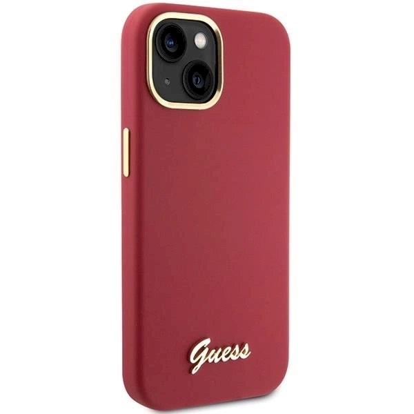 Originalus Guess dėklas Silicone Script Metal Logo & Frame case for iPhone 15 - Raudonas 3 Originalus Guess dėklas Silicone Script Metal Logo & Frame case for iPhone 15 - Raudonas 3