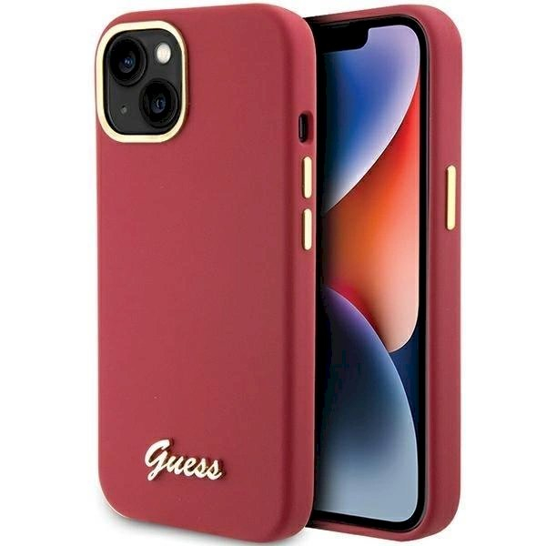 Originalus Guess dėklas Silicone Script Metal Logo & Frame case for iPhone 15 - Raudonas Originalus Guess dėklas Silicone Script Metal Logo & Frame case for iPhone 15 - Raudonas
