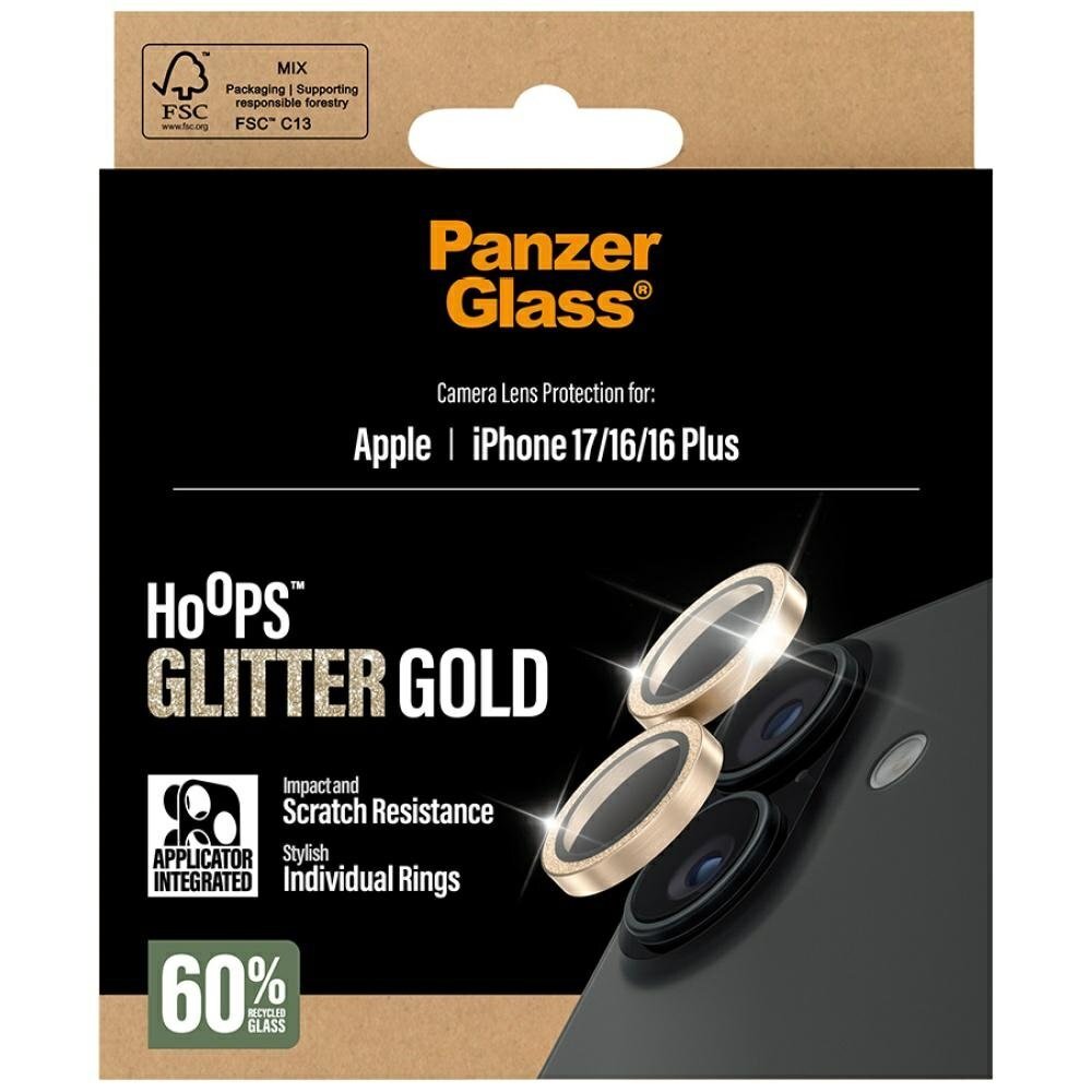 iPhone 17 / 16 / 16 Plus PanzerGlass Hoops Glitter auksinis kameros apsauginis stiklas 4 iPhone 17 / 16 / 16 Plus PanzerGlass Hoops Glitter auksinis kameros apsauginis stiklas 4