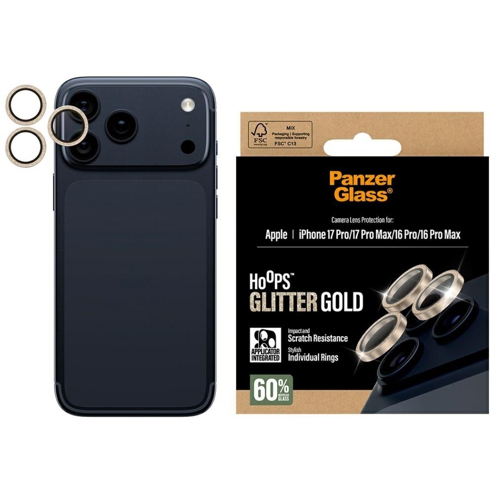 iPhone 17 Pro / 17 Pro Max / 16 Pro / 16 Pro Max PanzerGlass Hoops Glitter auksinis kameros apsauginis stiklas iPhone 17 Pro / 17 Pro Max / 16 Pro / 16 Pro Max PanzerGlass Hoops Glitter auksinis kameros apsauginis stiklas