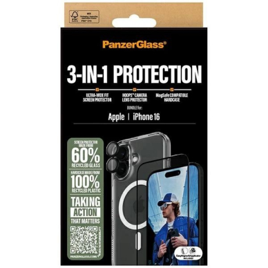 iPhone 16 – PanzerGlass Bundle 3in1 6.1" D3O Hardcase + Ekrano apsauga UWF + Lęšis B1291+2861+1283 5