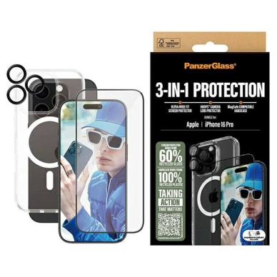 iPhone 16 Pro – PanzerGlass Bundle 3in1 6.3" D3O Hardcase + Ekrano apsauga UWF + Lęšis B1292+2862+1284