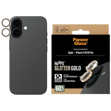iPhone 17 / 16 / 16 Plus PanzerGlass Hoops Glitter auksinis kameros apsauginis stiklas