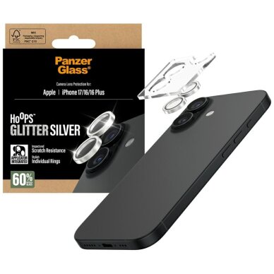iPhone 17 / 16 / 16 Plus PanzerGlass Hoops Glitter sidabrinis kameros apsauginis stiklas 3
